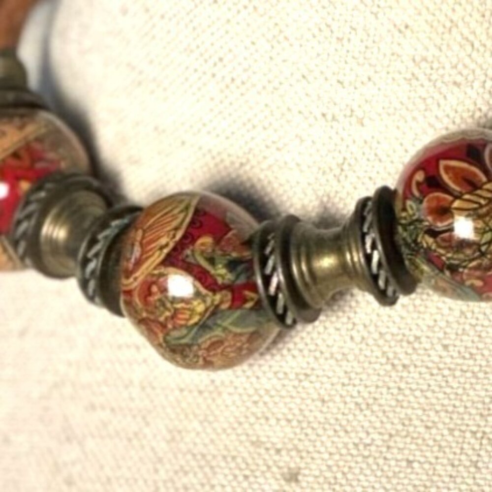 Vintage Boho Ceramic Necklace, Leather Cord Choker - Picture 4 of 6